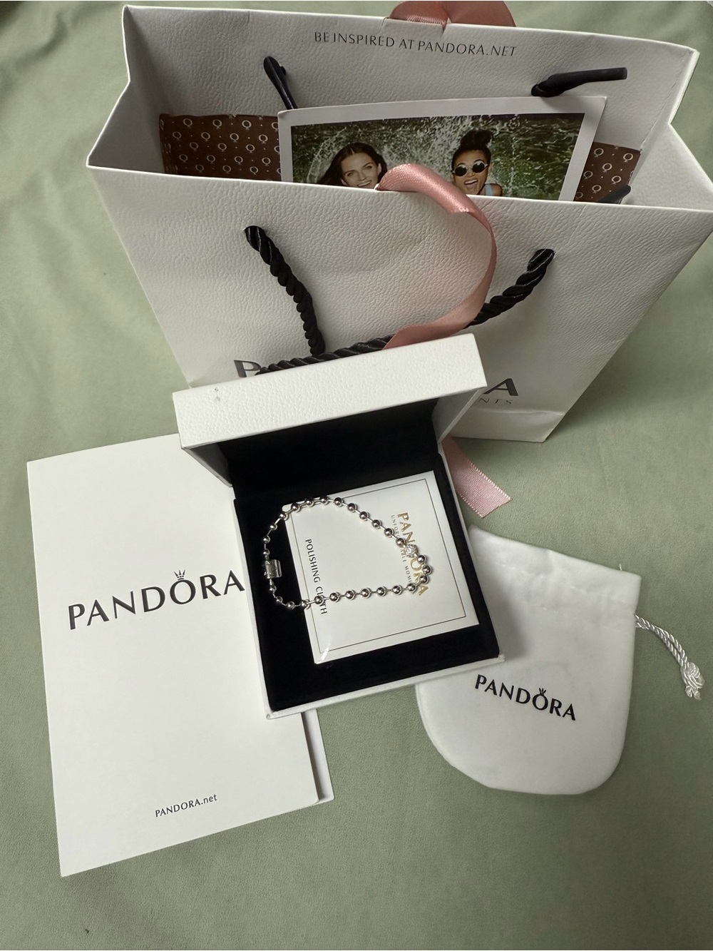 Pandora Sterling Silver Bead Chain Bracelet with Heart Charm